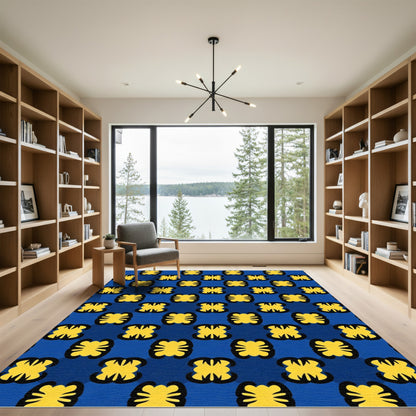 Bold Yellow Floral Blue Grid Rug