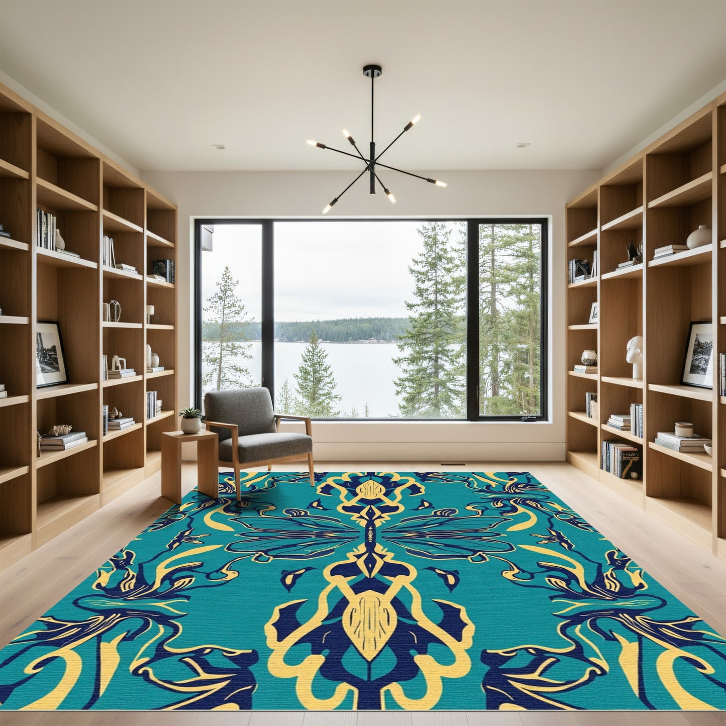 Teal Blue Yellow Dragonfly Damask Rug