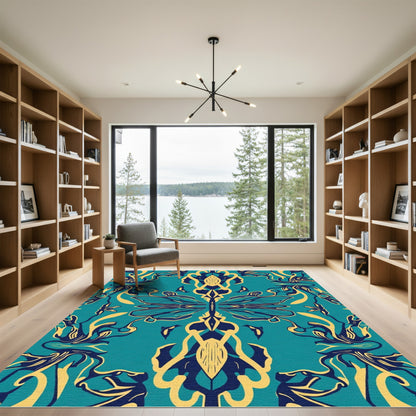 Teal Blue Yellow Dragonfly Damask Rug