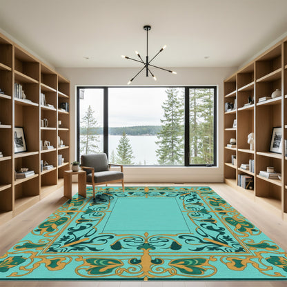 Turquoise Aqua Swirl Floral Border Rug