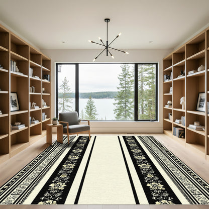 Vintage Black Ivory Floral Stripe Rug