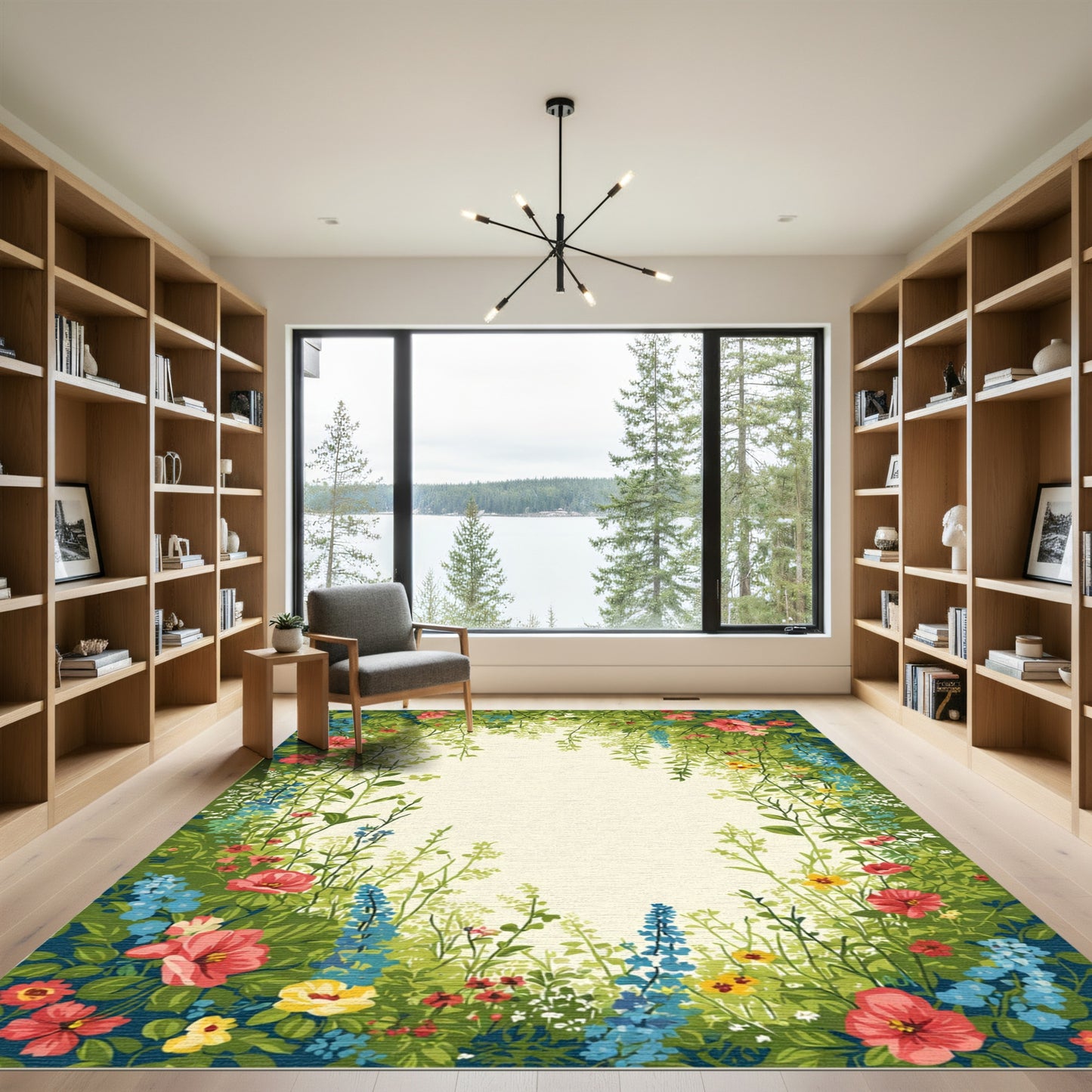 Vibrant Red Floral Garden Vines Rug