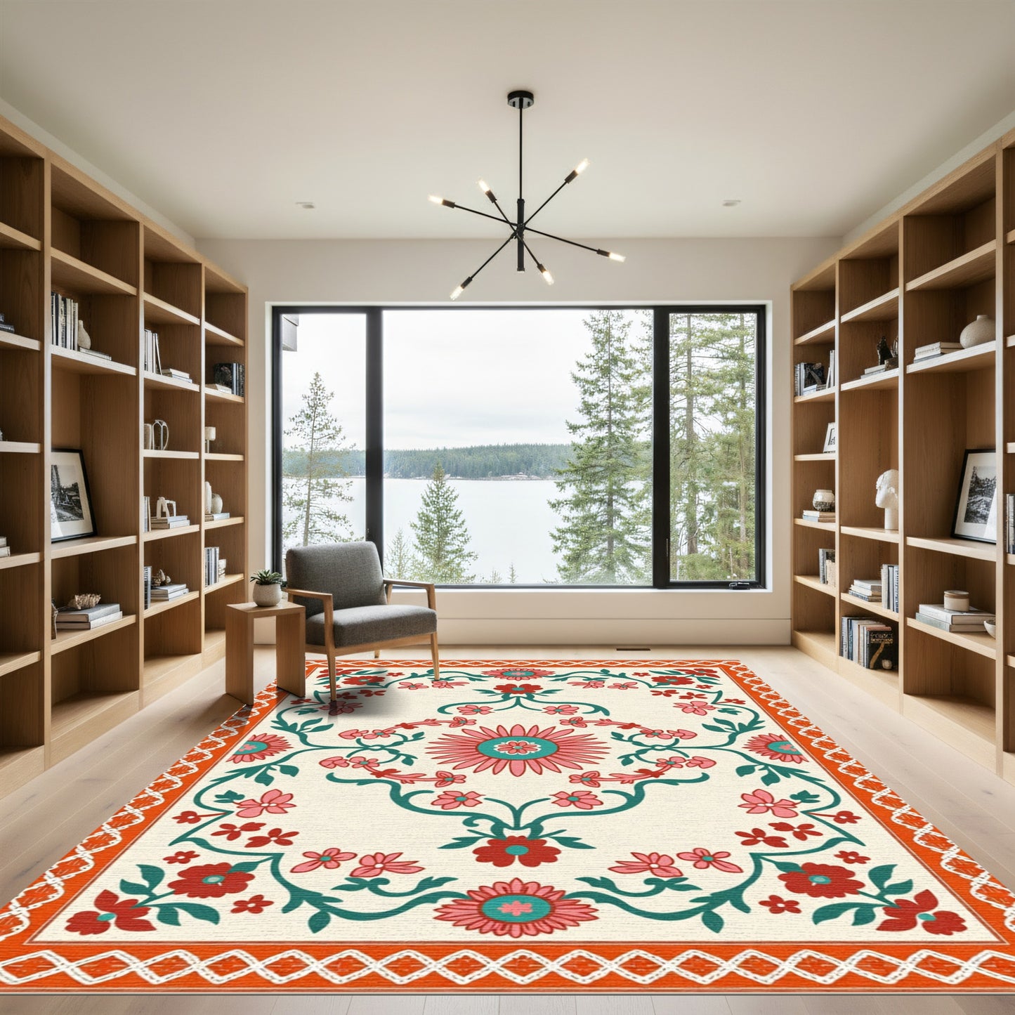 Crimson Coral Floral Vine Medallion Rug