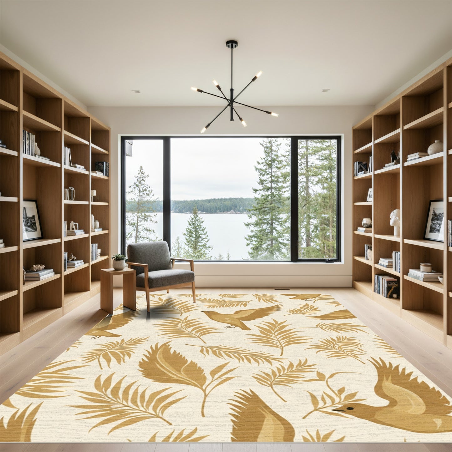 Golden Birds Tropical Leaf Pattern Rug