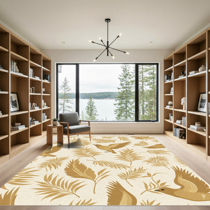Golden Birds Tropical Leaf Pattern Rug
