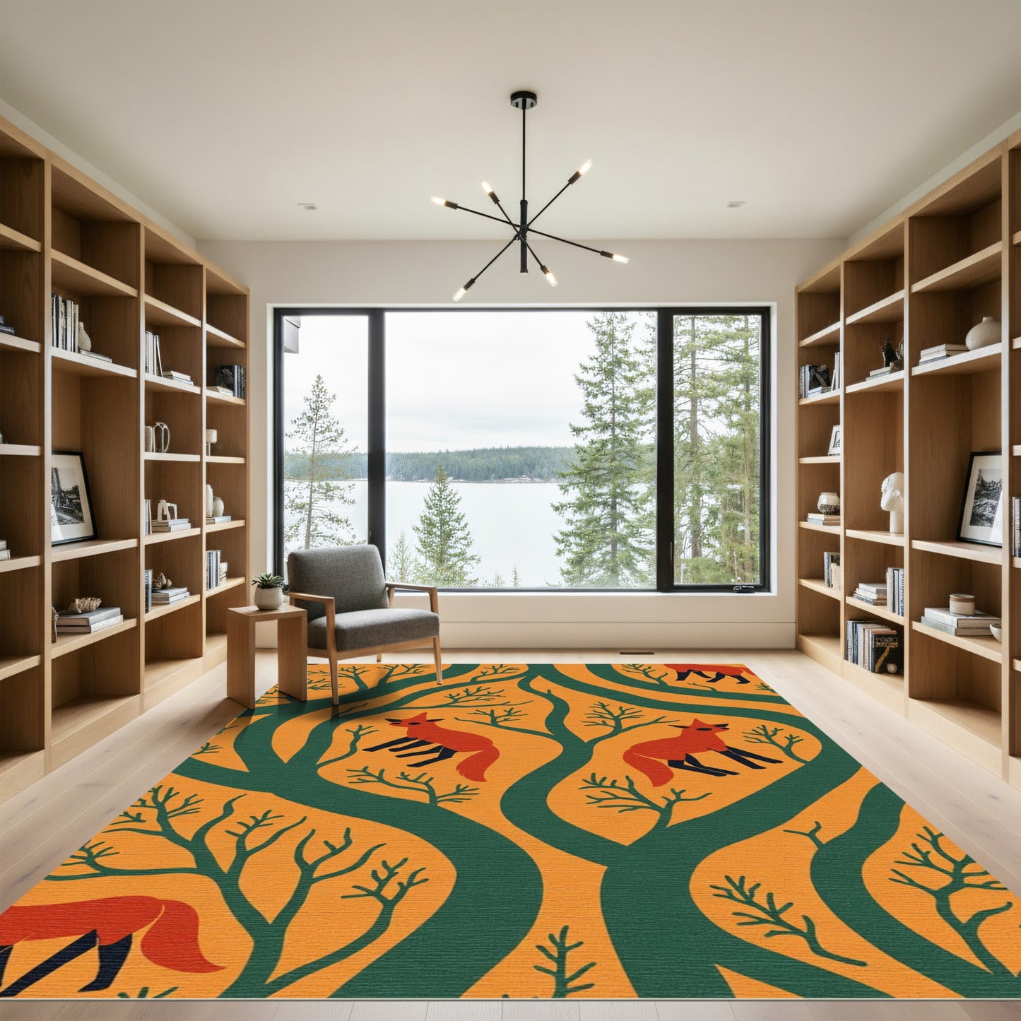 Orange Woodland Fox Tree Composition Rug