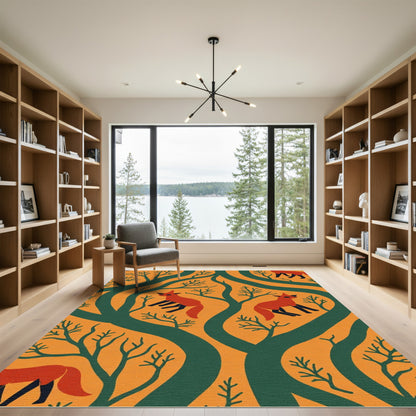 Orange Woodland Fox Tree Composition Rug