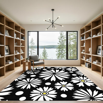 Bold Black White Daisy Circles Rug