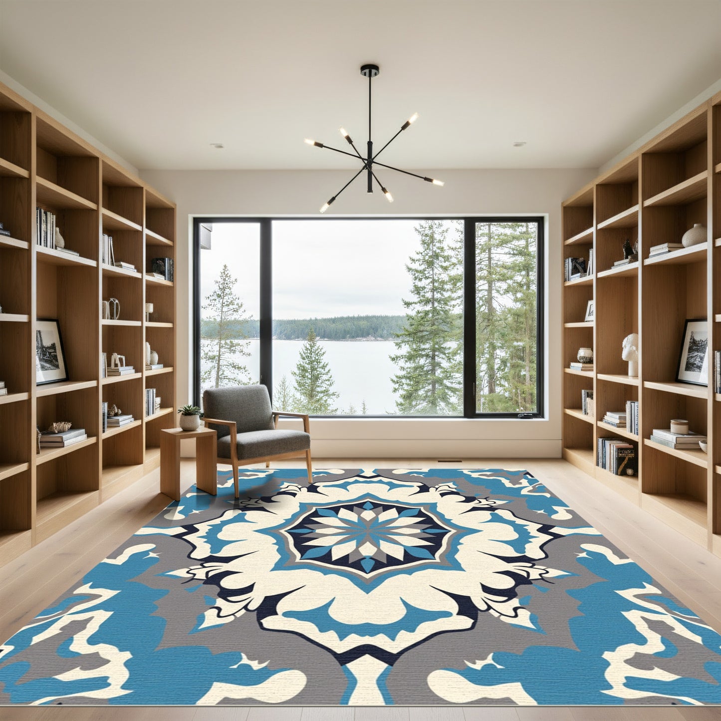 Modern Tonal Blue Floral Medallion Rug