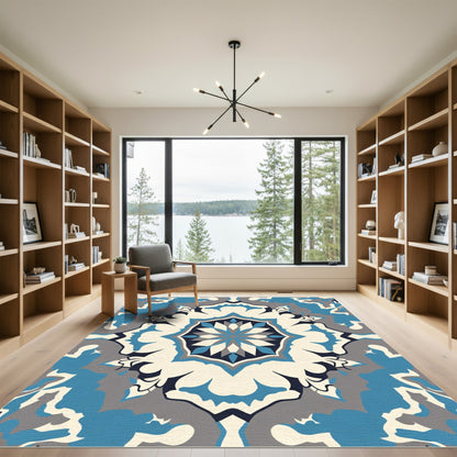 Modern Tonal Blue Floral Medallion Rug