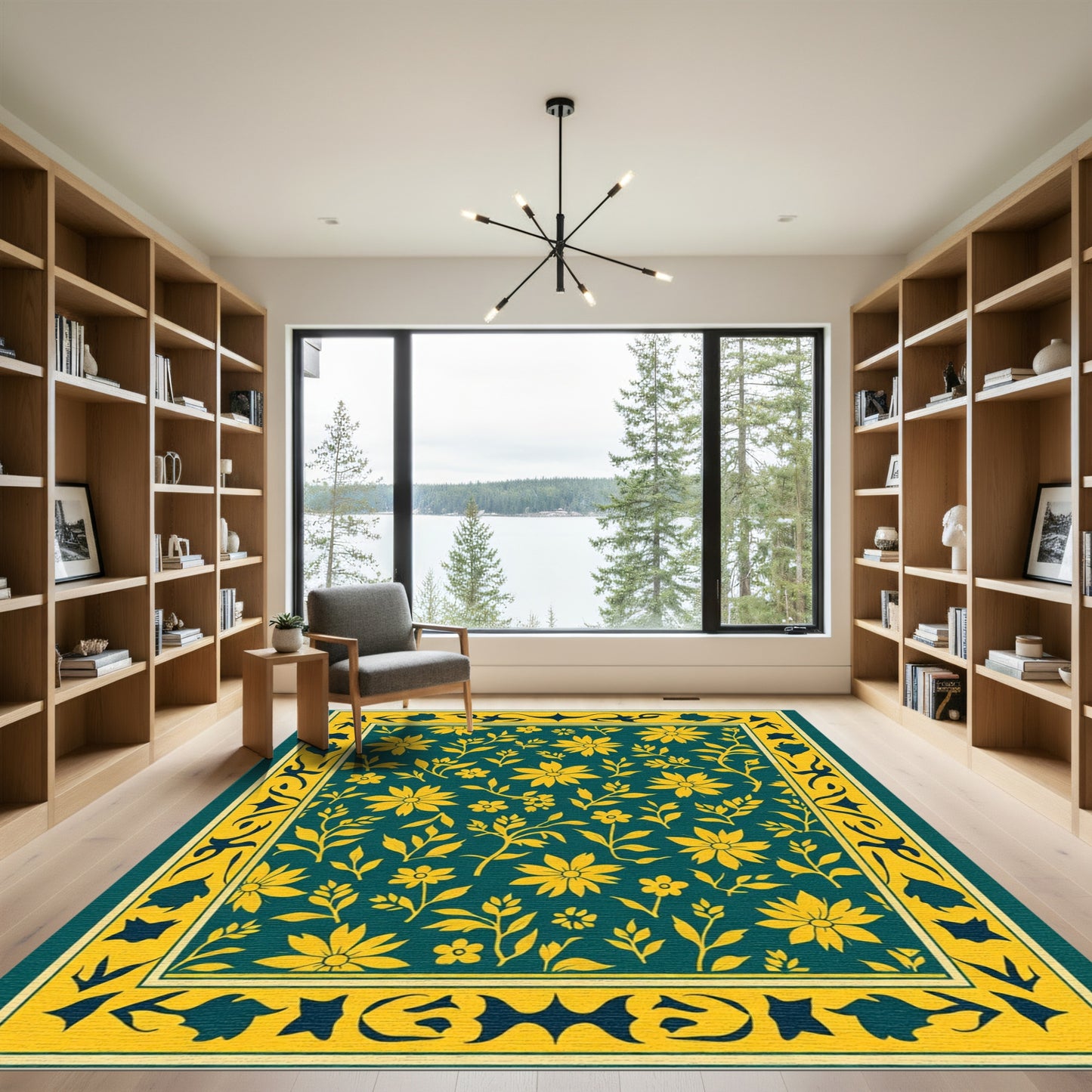 Teal Yellow Floral Branch Border Rug