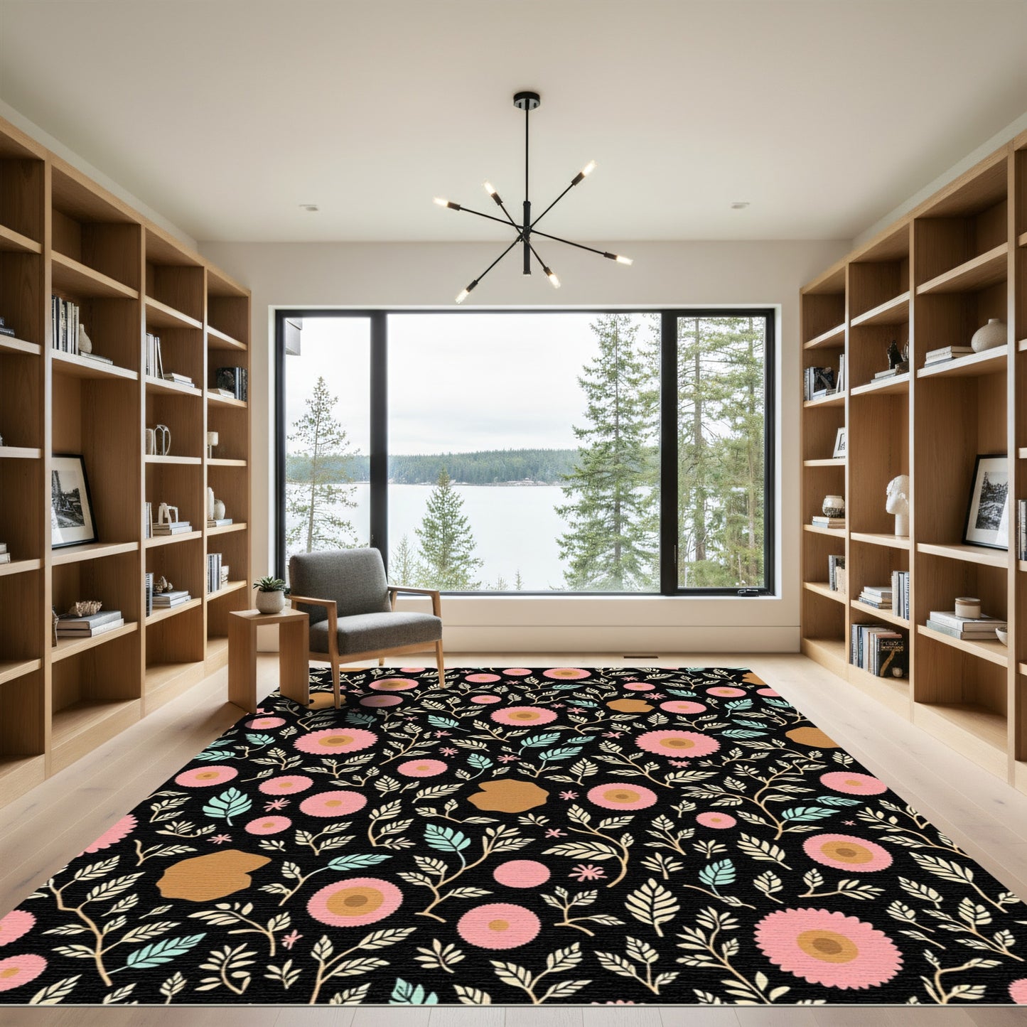 Pink Floral Black Garden Vine Rug