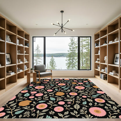 Pink Floral Black Garden Vine Rug