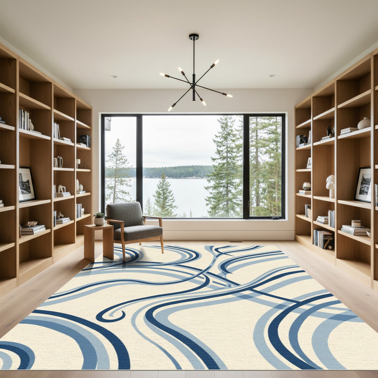 Navy Blue Swirling Ribbon Abstract Rug
