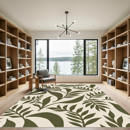 Olive Green Leafy Frond Composition Rug