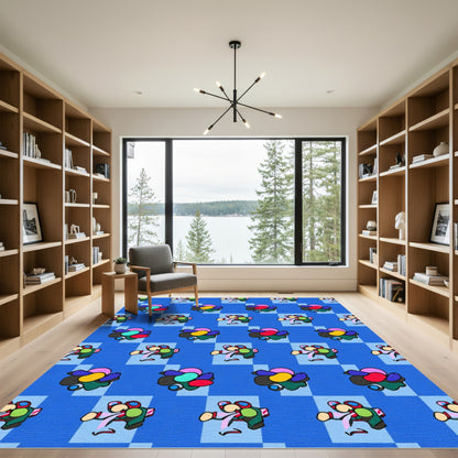 Blue Checkerboard Cartoon Character Rug