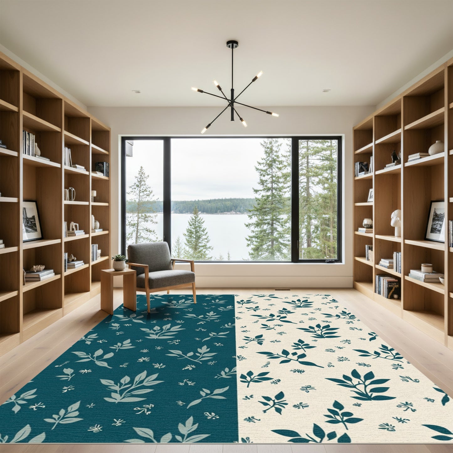 Deep Teal and Cream Foliage Rug