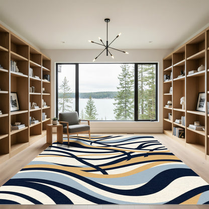 Bold Navy Gold Abstract Wave Rug