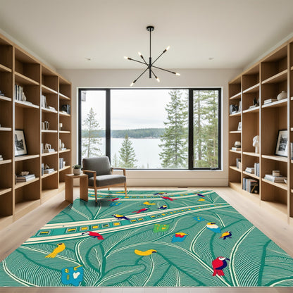 Tropical Birds Amidst Leafy Green Swirls Rug