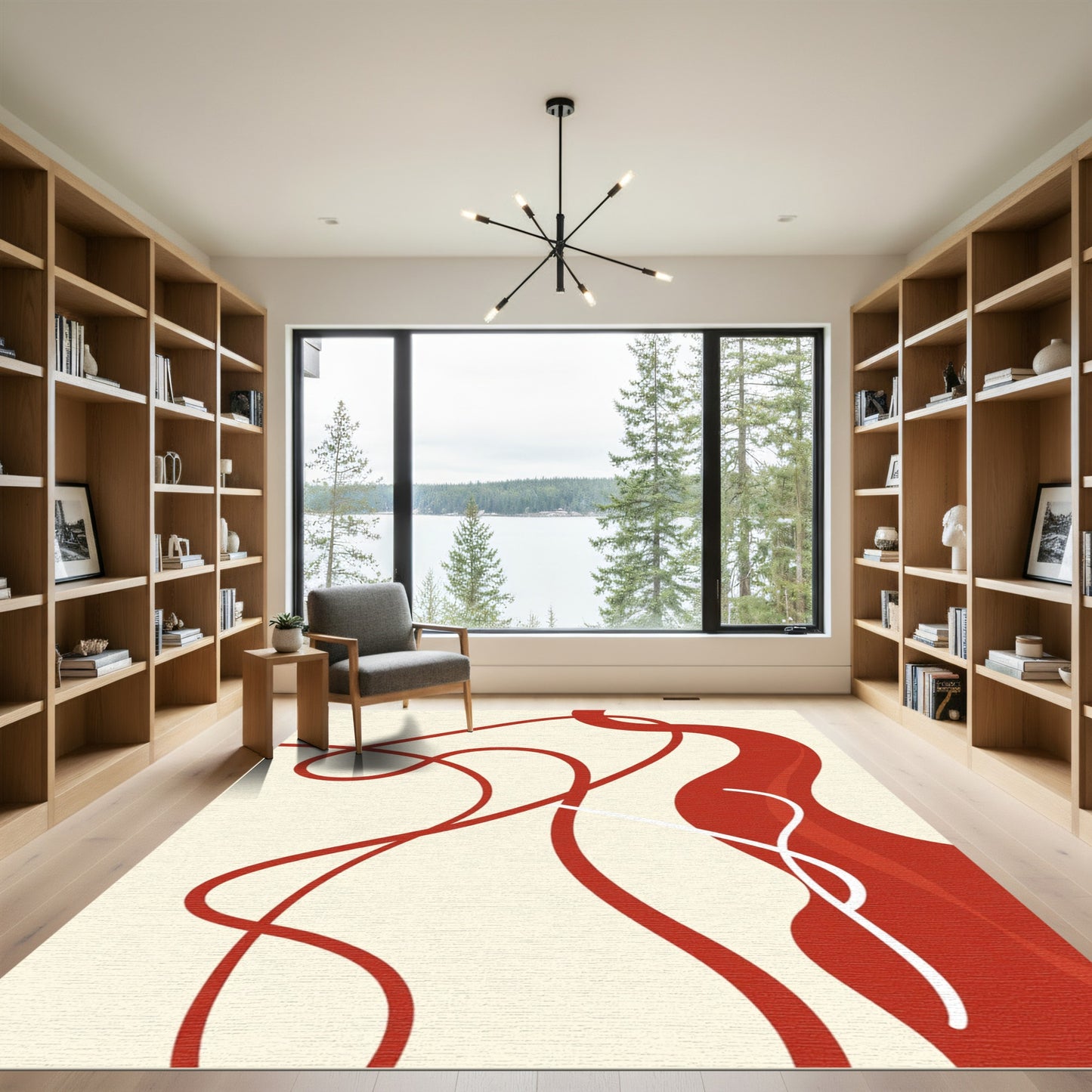 Crimson Abstract Ribbon Swirl Rug