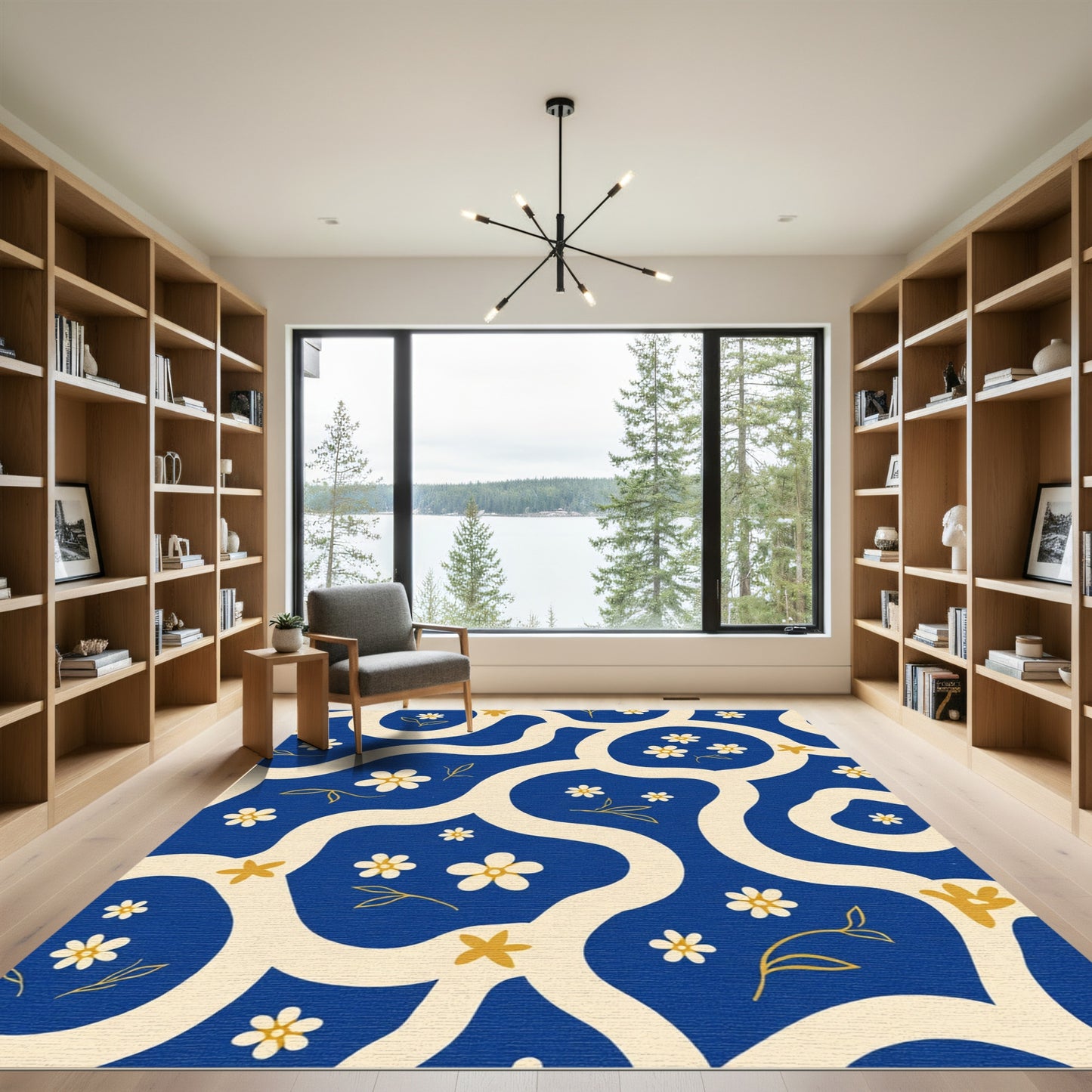 Retro Blue Cream Floral Waves Rug