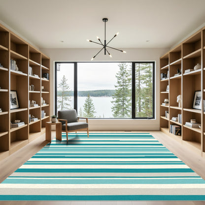 Teal And Cream Horizontal Stripe Rug