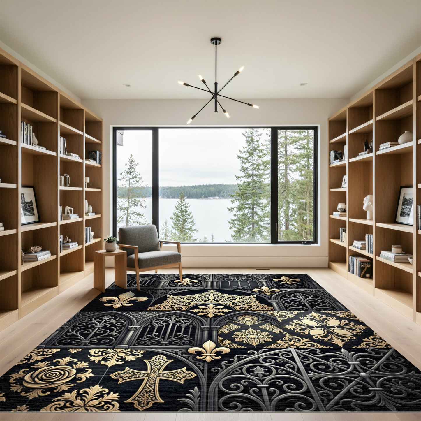Gothic Black Gold Fleur-de-lis Cross Rug