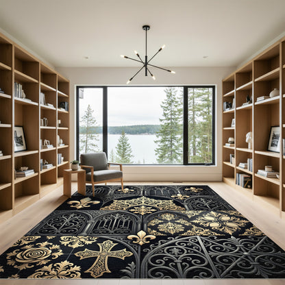 Gothic Black Gold Fleur-de-lis Cross Rug