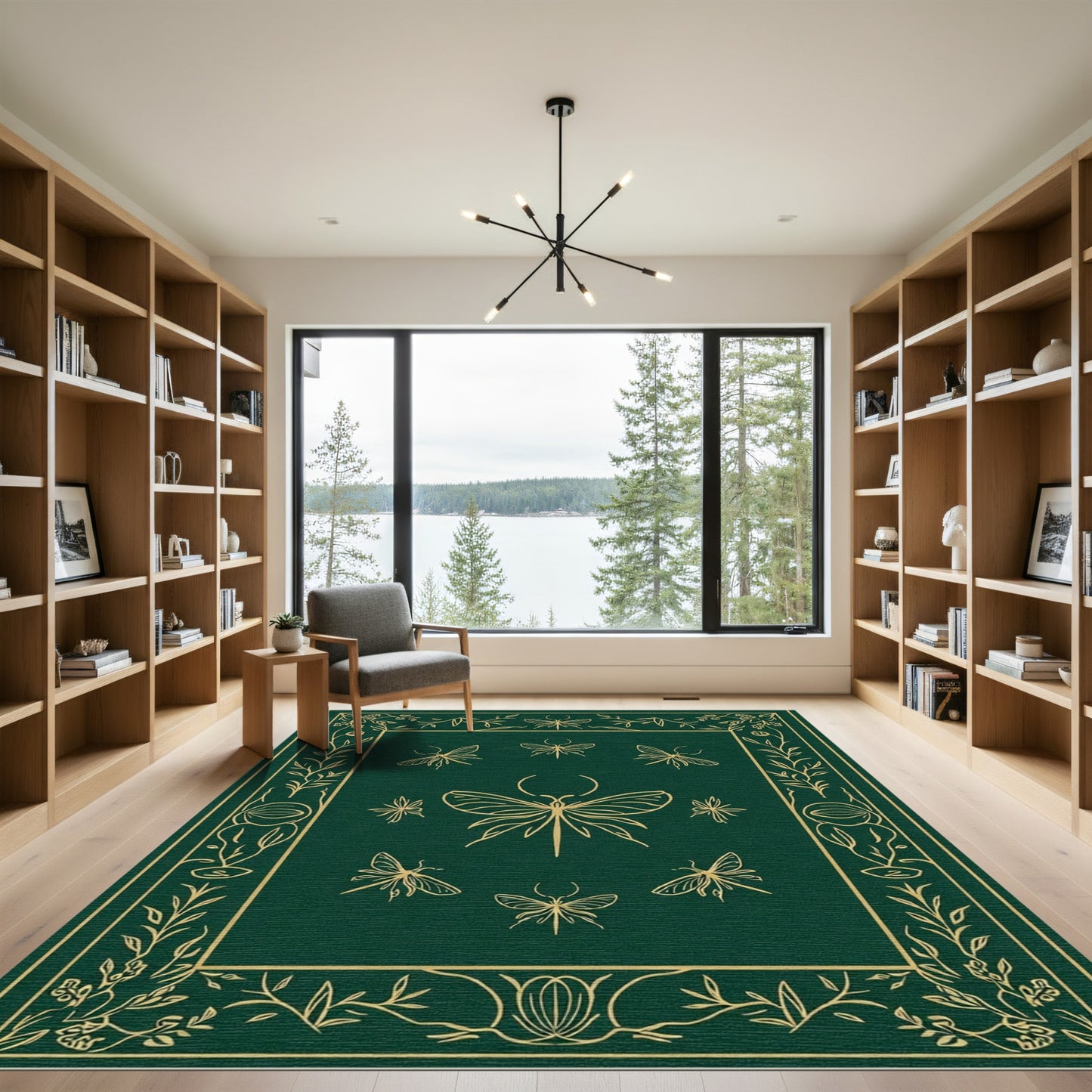 Emerald Green Gold Insect Border Rug