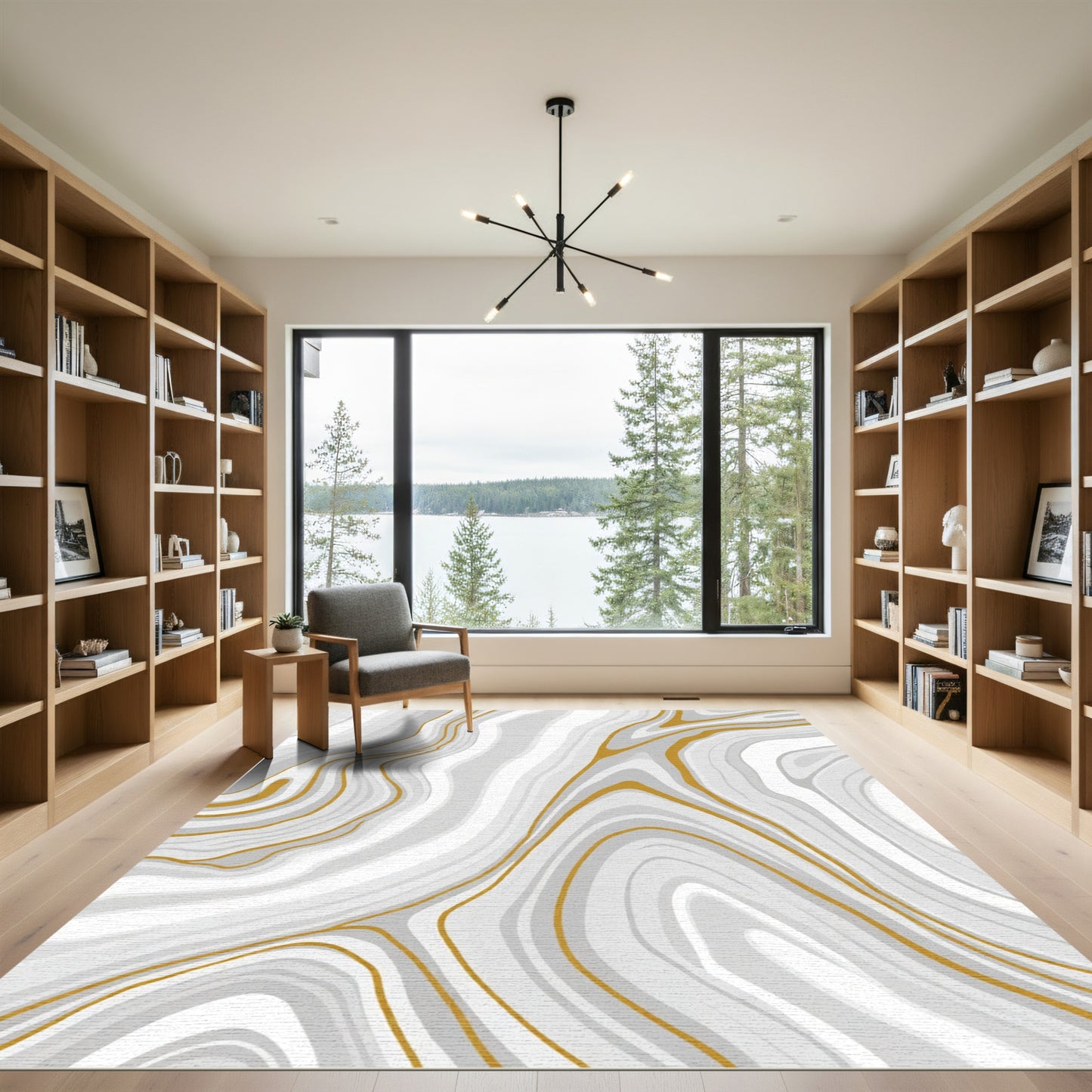 Gold White Gray Abstract Swirl Rug
