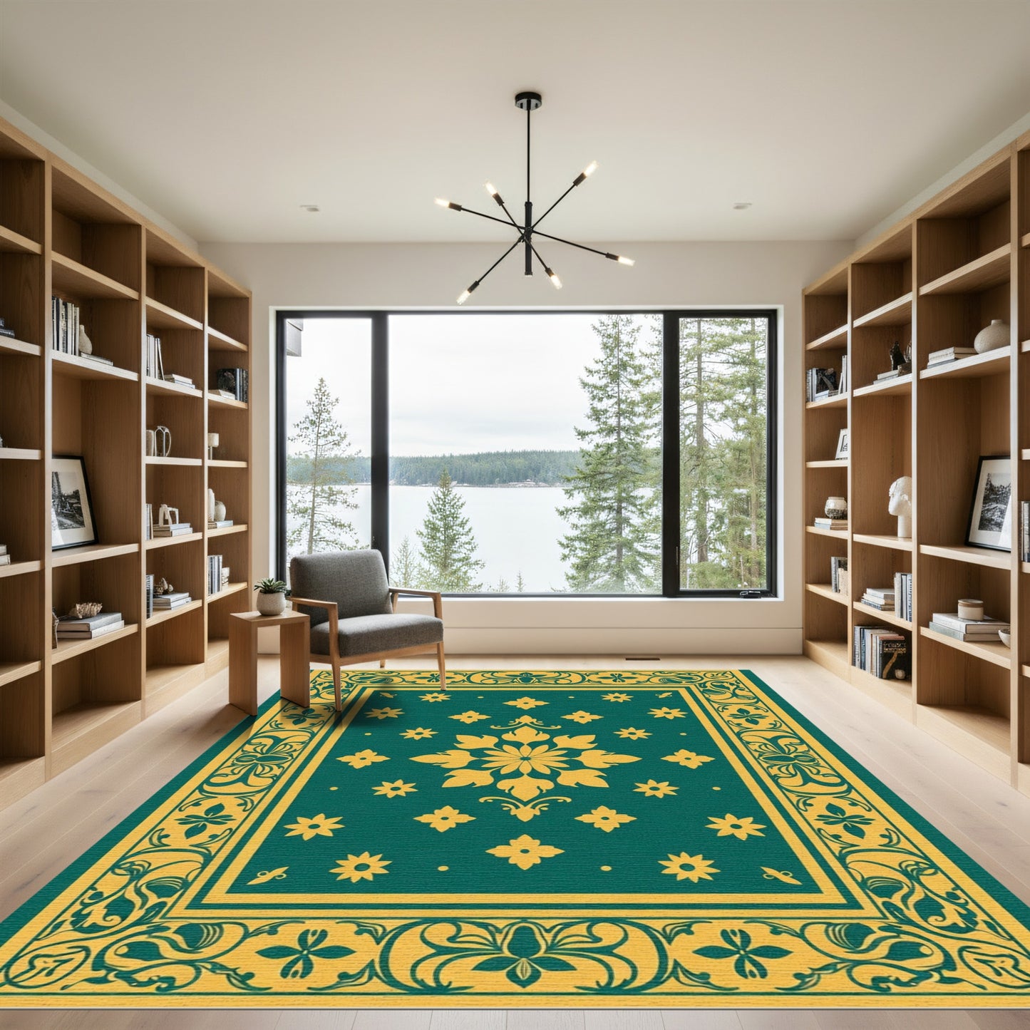 Majestic Teal Golden Floral Medallion Rug