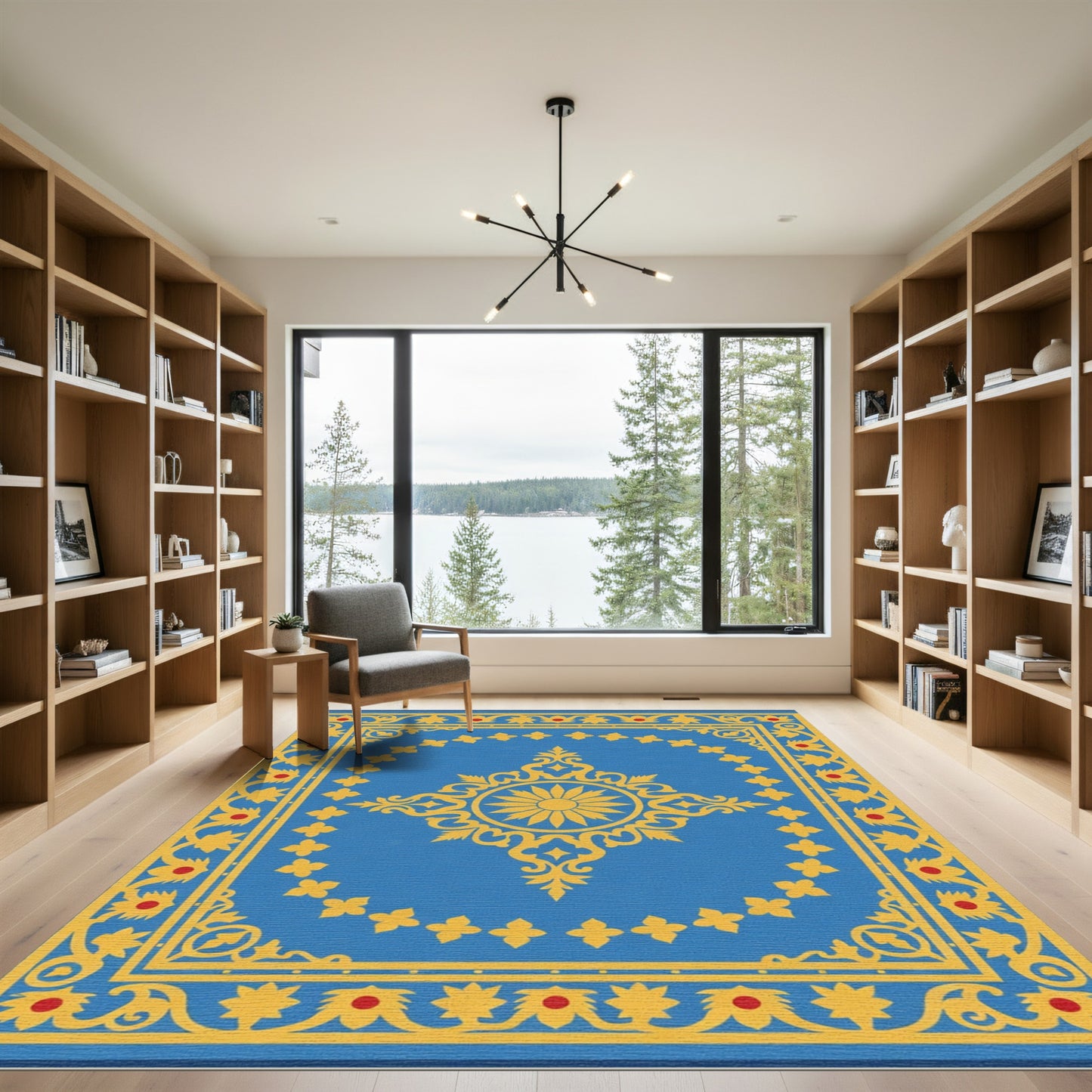 Blue Yellow Floral Medallion Border Rug