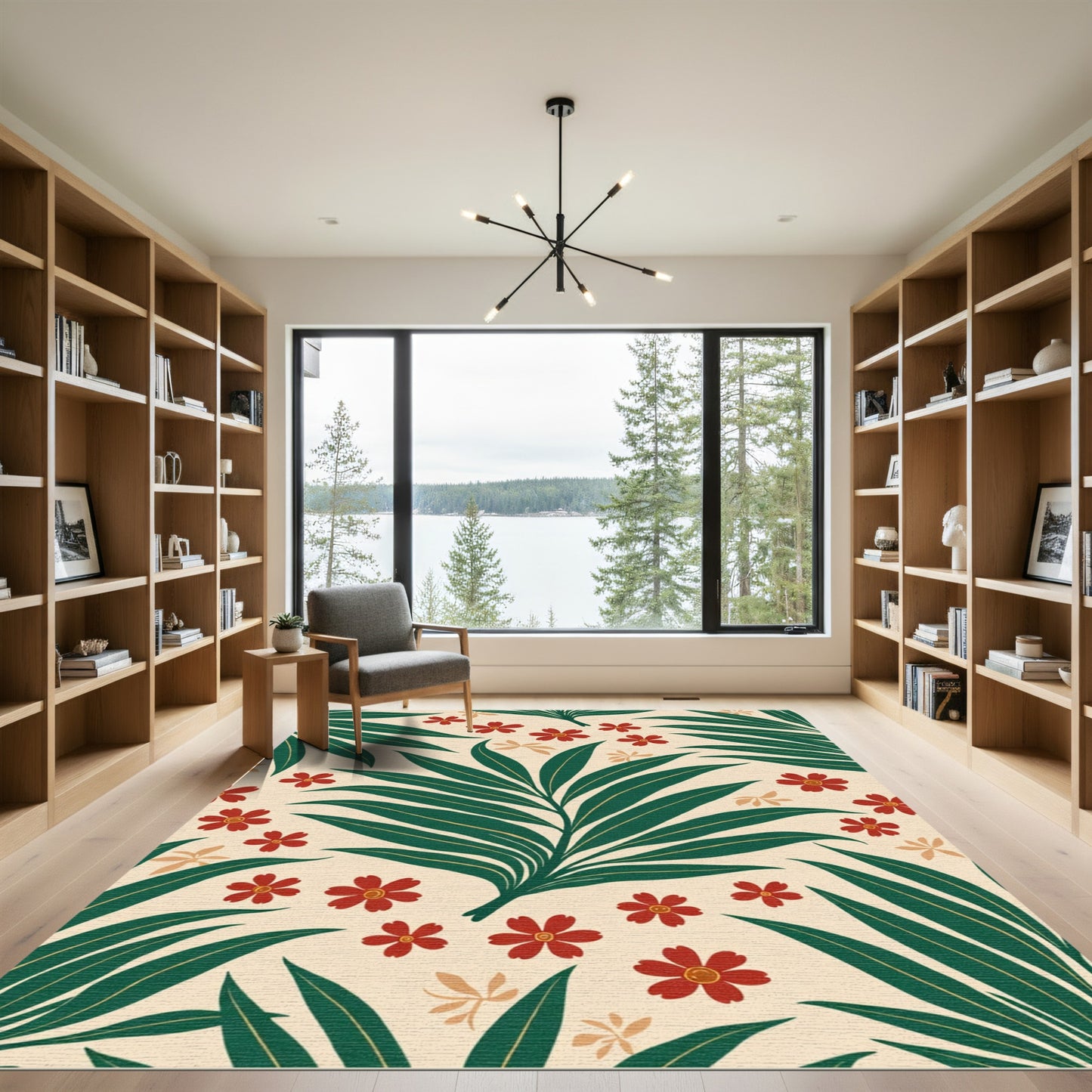 Crimson Floral Palm Leaf Pattern Rug