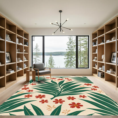 Crimson Floral Palm Leaf Pattern Rug