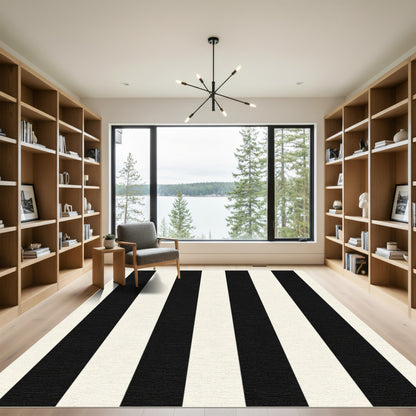 Bold Black Cream Striped Rug