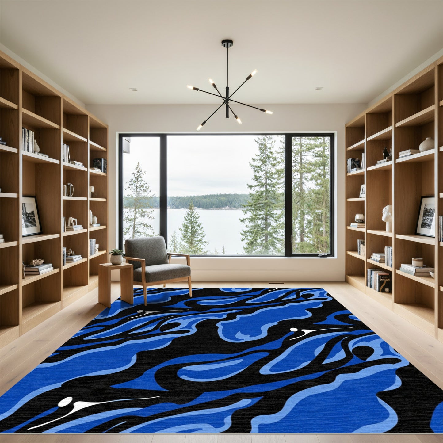 Dynamic Blue Black Wavy Organic Forms Rug