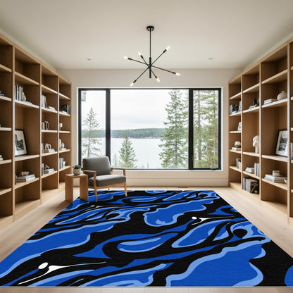 Dynamic Blue Black Wavy Organic Forms Rug