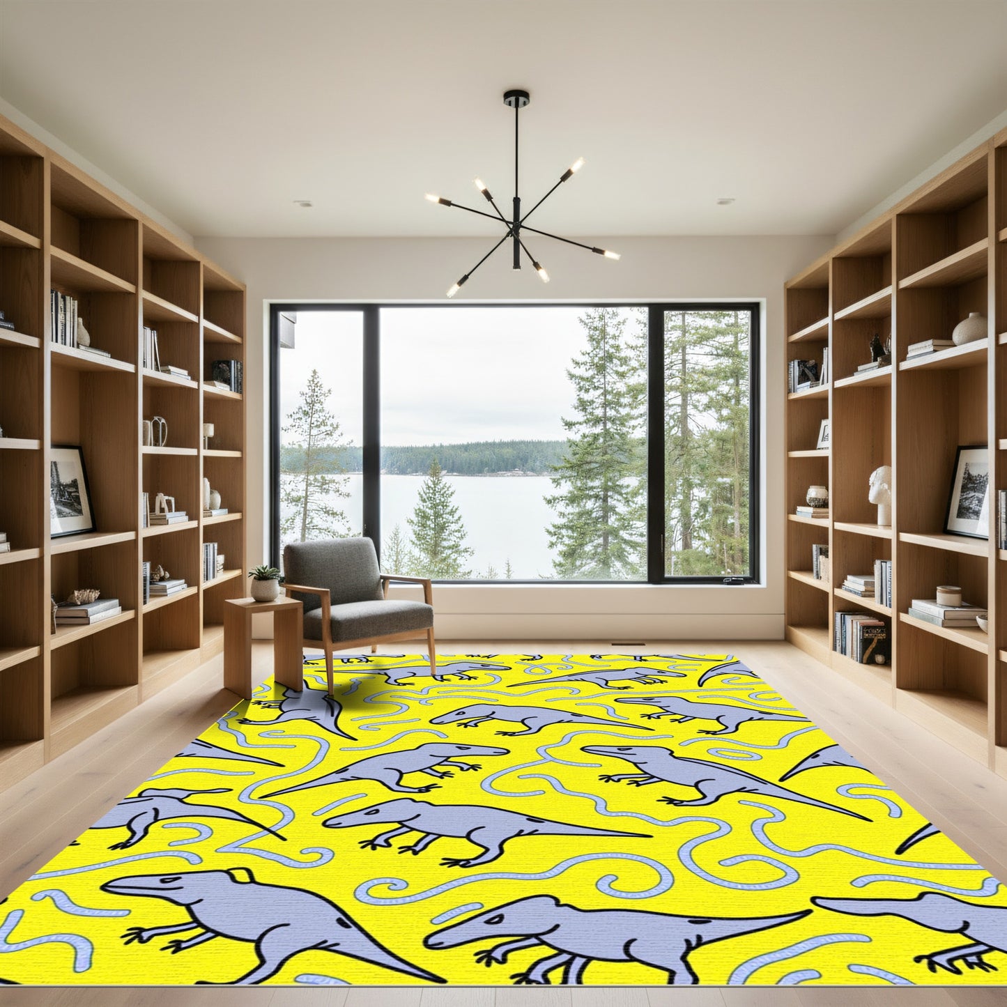 Playful Gray Dinosaur Yellow Swirl Rug