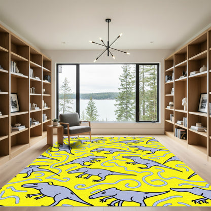 Playful Gray Dinosaur Yellow Swirl Rug