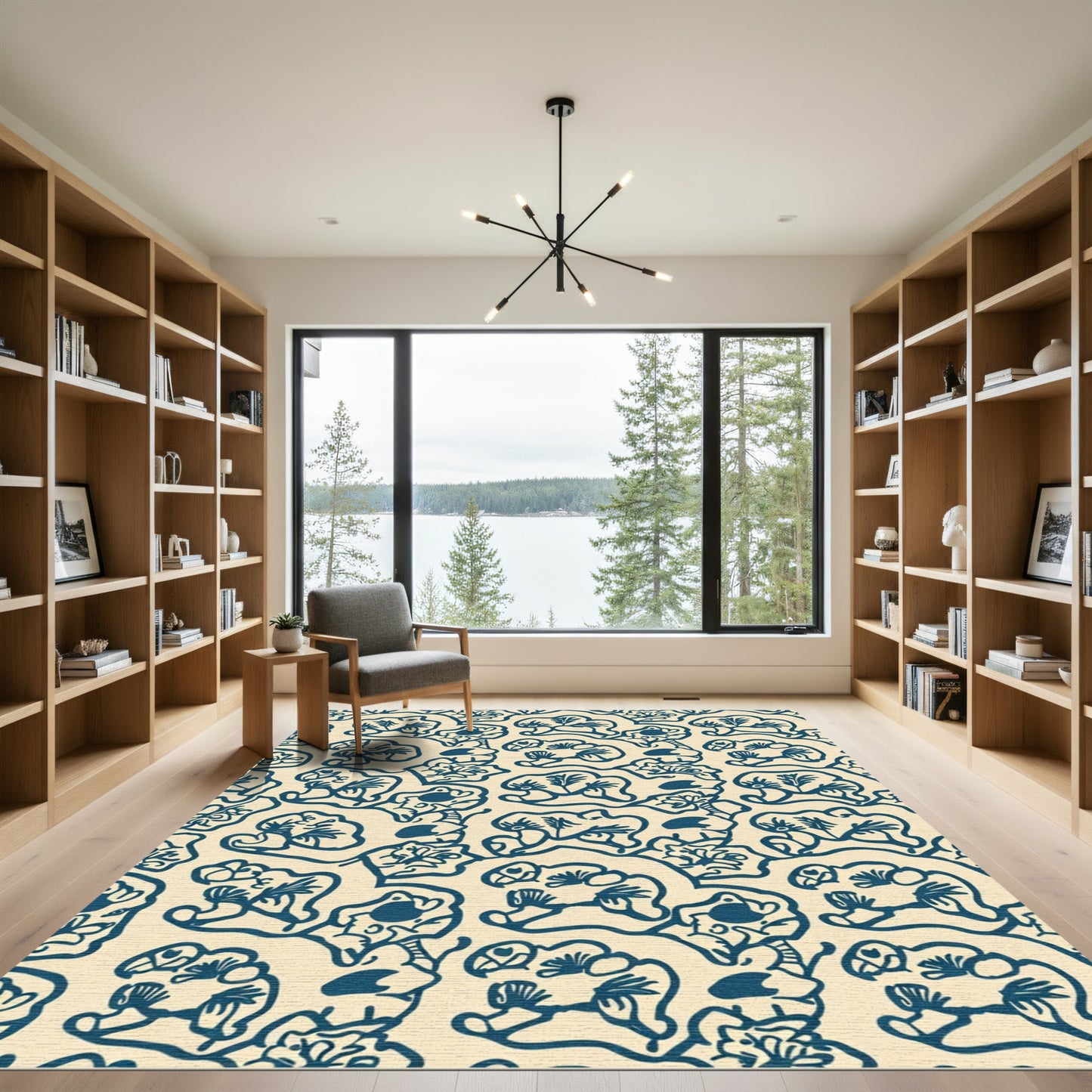 Navy Blue Floral Whimsical Composition Rug