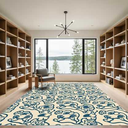 Navy Blue Floral Whimsical Composition Rug
