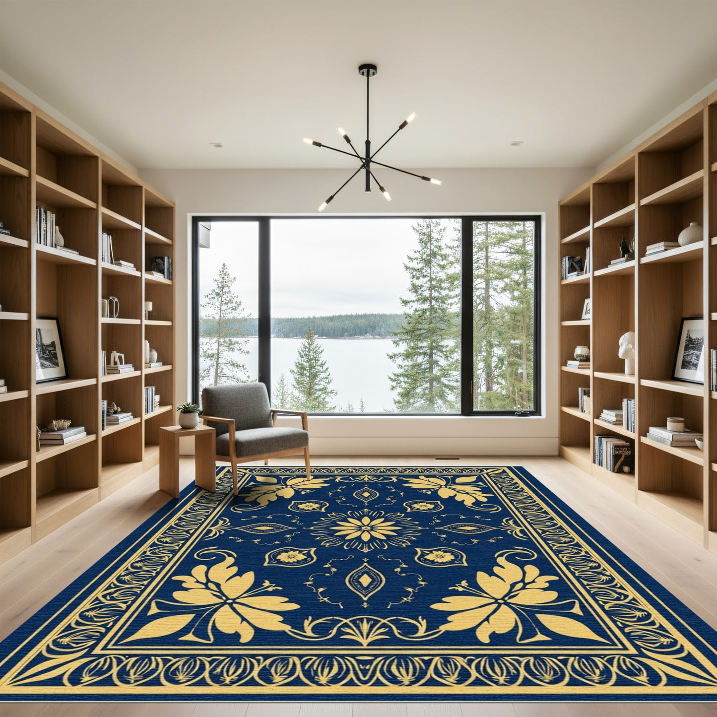 Golden Flourish Blue Floral Composition Rug