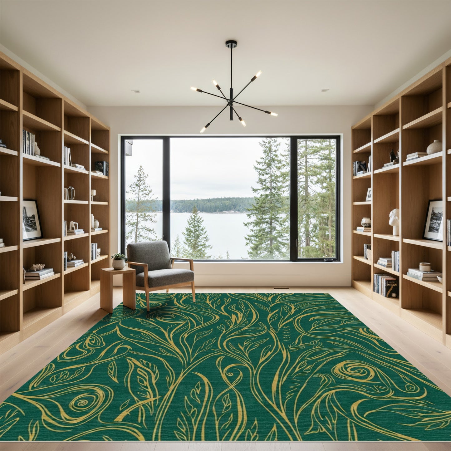 Emerald Gold Swirling Vine Botanical Rug