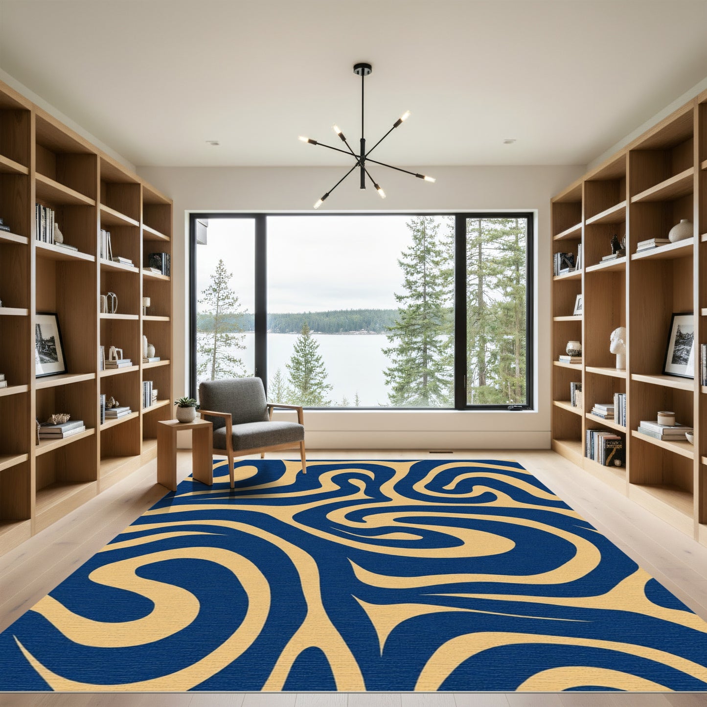 Navy Gold Swirling Abstract Lines Rug