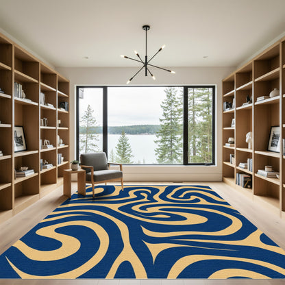 Navy Gold Swirling Abstract Lines Rug