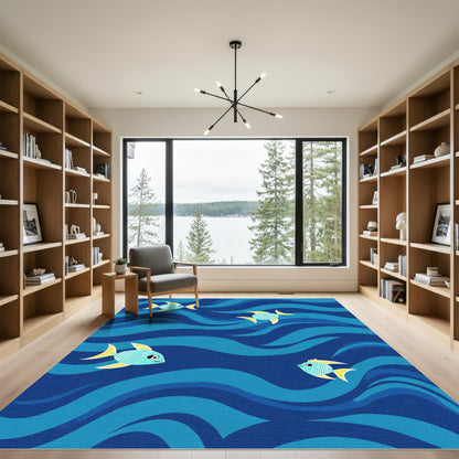 Playful Teal Fish in Blue Waves Rug