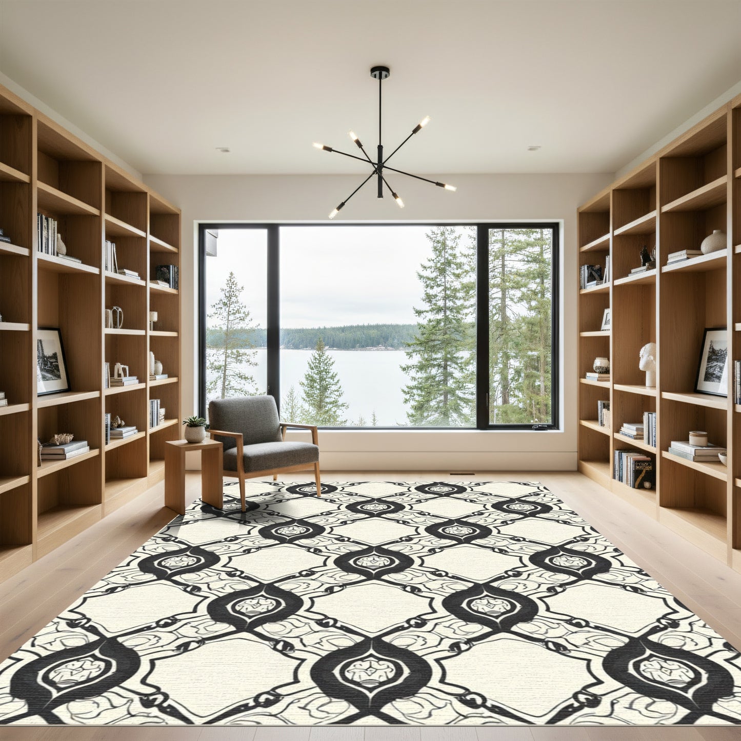 Cream and Black Elaborate Medallion Diamond Rug