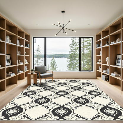 Cream and Black Elaborate Medallion Diamond Rug