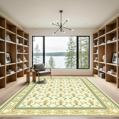Gold Green Ornate Fleur-de-lis Scroll Rug