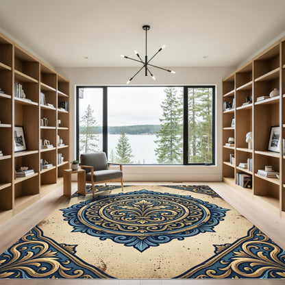 Azure Gold Ornate Emblem Rug